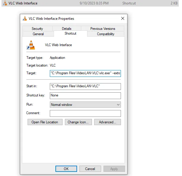 A screenshot of a customized Windows shortcut that can launch VLC's web interface