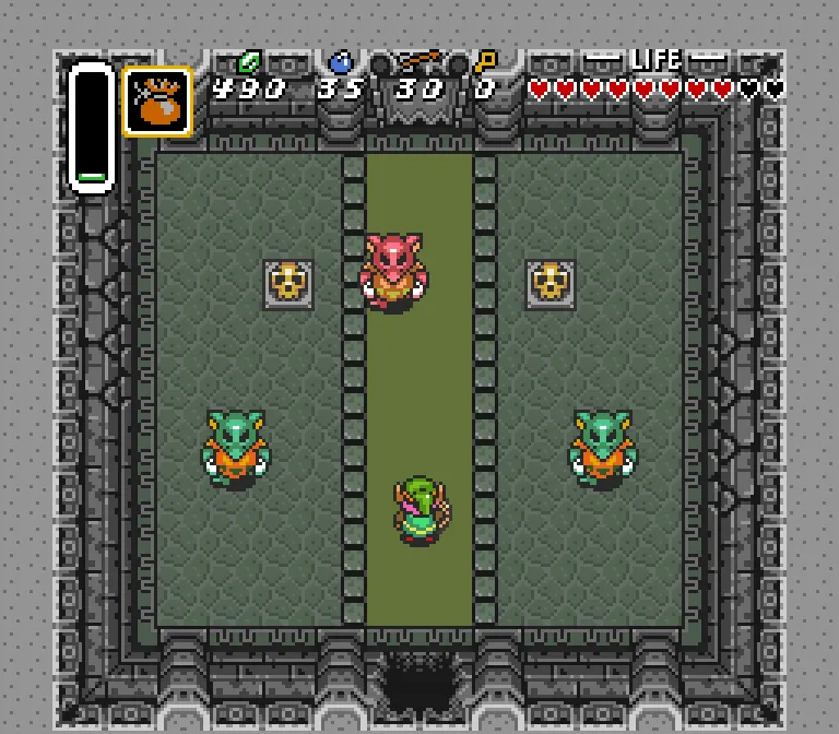 A screenshot of A Link to the Past in which Link is facing three 'goriya', a mimic enemy type.